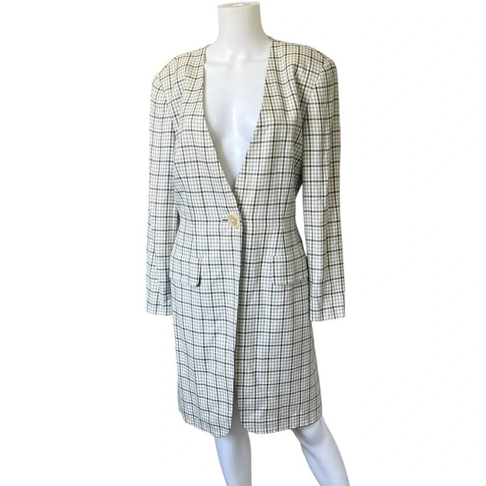 Vintage Alvin Bell Long Blazer Jacket Plaid Collarless Womens Size 10